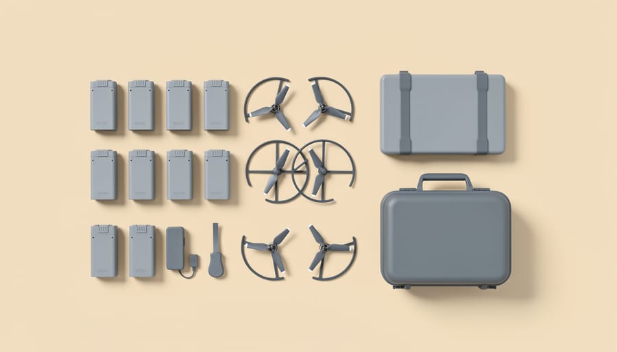 Beginner drone and accessories neatly arranged on a landing pad on a table