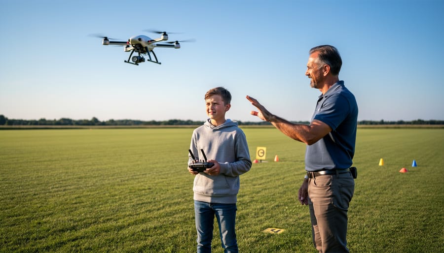 Person holding a controller while practicing a beginner drone in a park at golden hour