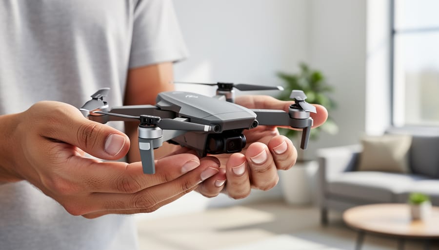 Person holding a beginner drone with propeller guards outdoors in daylight