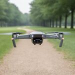 A beginner quadcopter drone hovering steadily above a grassy park path under soft daylight, with obstacle-avoidance sensors visible.