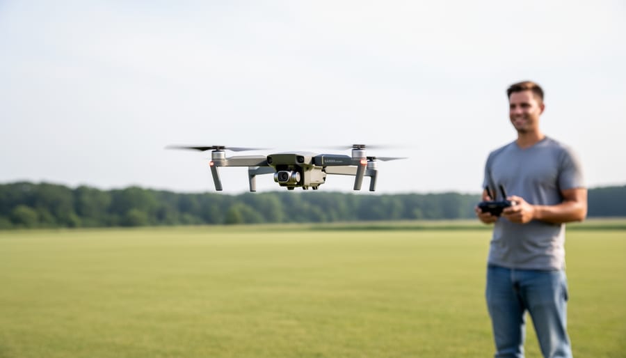 Drone hovering steadily over a grassy open field