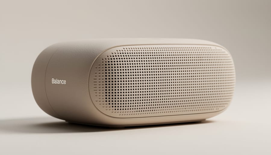 Angled view of the Beosound Balance showing sculptural materials in a stylish room.