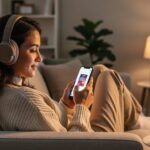 Person relaxing on a couch wearing over-ear headphones while holding a smartphone in a cozy living room, representing audiobook deals and savings.