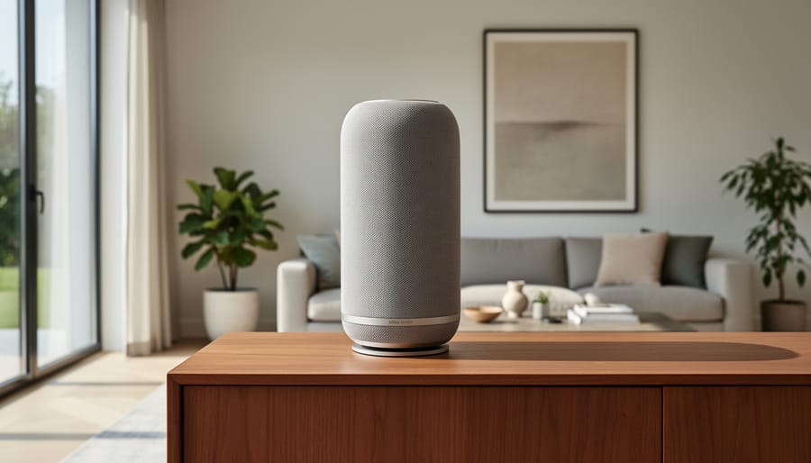 Bang & Olufsen Beosound Balance smart speaker placed in a modern living room.