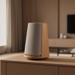 Bang & Olufsen Beosound Balance smart speaker in a modern living room under soft natural daylight, shown in natural oak finish with a blurred cozy background.