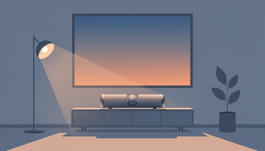 Beosound Balance smart speaker in a cozy evening living room with warm ambient lighting.