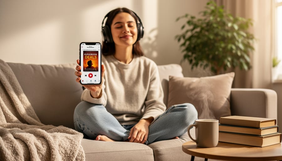 Person holding headphones and a smartphone while relaxing and listening to an audiobook