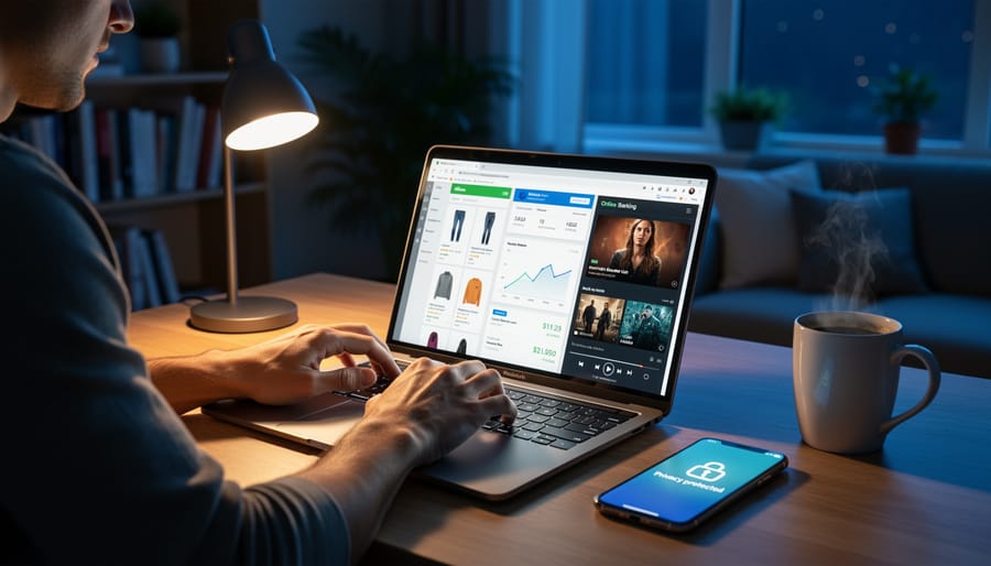 Person working on a laptop in a dim home office at night with a smartphone nearby, suggesting online privacy needs