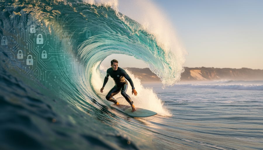 Surfer paddling toward the ocean at sunrise with waves and sunrise glow in the background