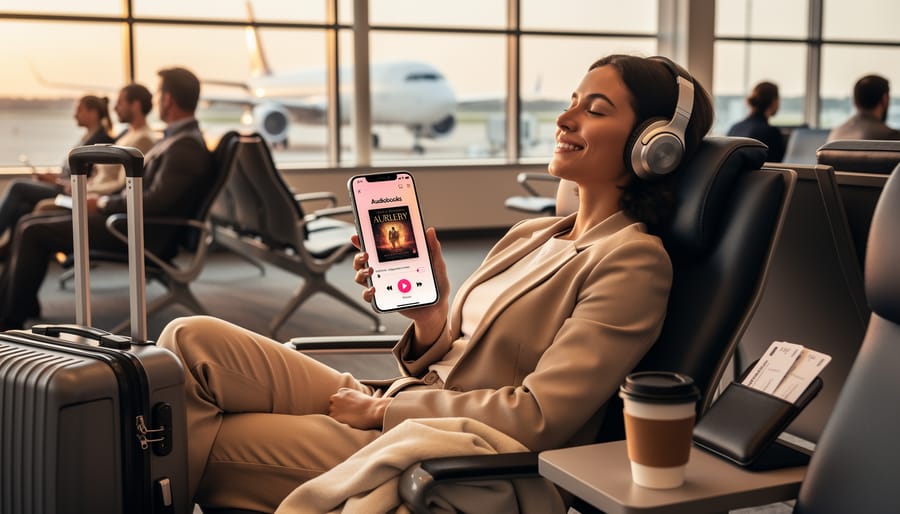 Traveler wearing headphones and seated on a train platform with a backpack nearby