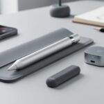 Close-up of an Apple Pencil Pro with protective sleeve, textured grip, and magnetic charging dock on a clean desk with a softly blurred iPad Pro in the background.