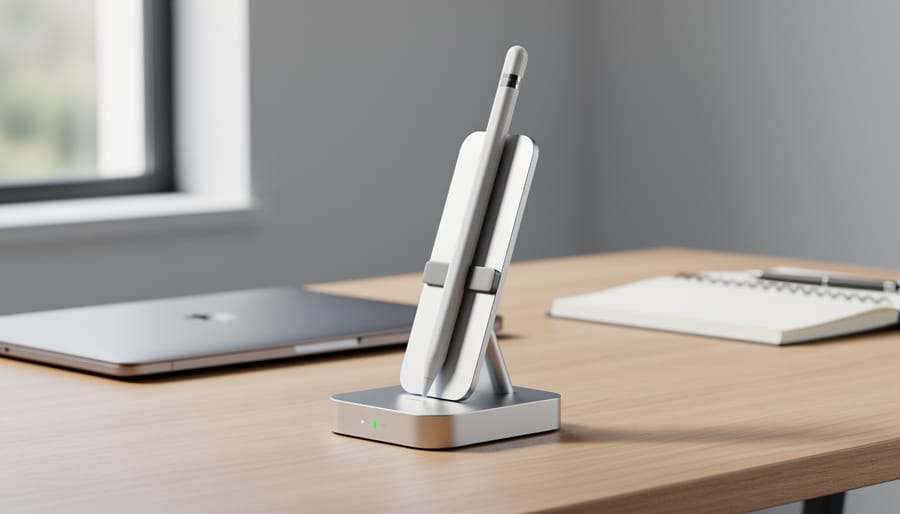 Apple Pencil Pro resting on a minimalist charging stand near an iPad Pro