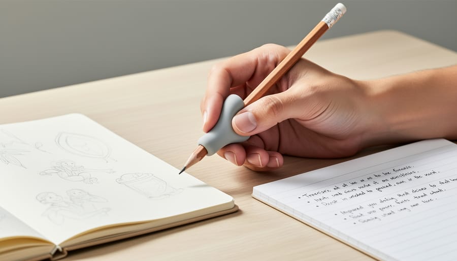 Close-up of hands using an Apple Pencil Pro with a textured grip on an iPad Pro