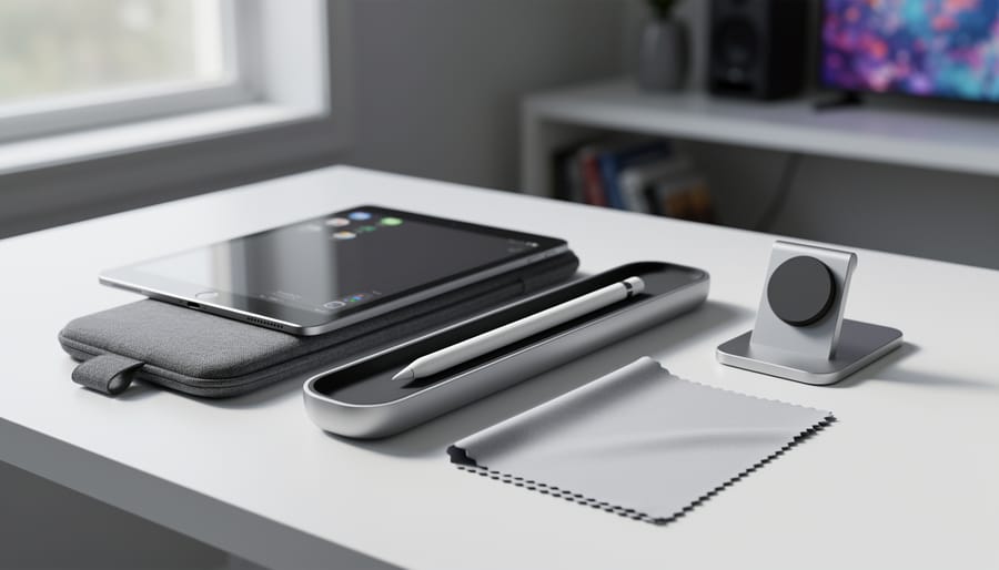 Apple Pencil Pro in a protective case next to an iPad Pro on a desk