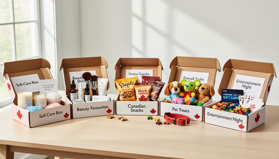 Tabletop display of self-care, pet, and book-and-music subscription items