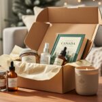 An open Canadian subscription box on a wooden table with curated items like snack jars, skincare bottles, a book, and a candle, photographed in soft natural light.