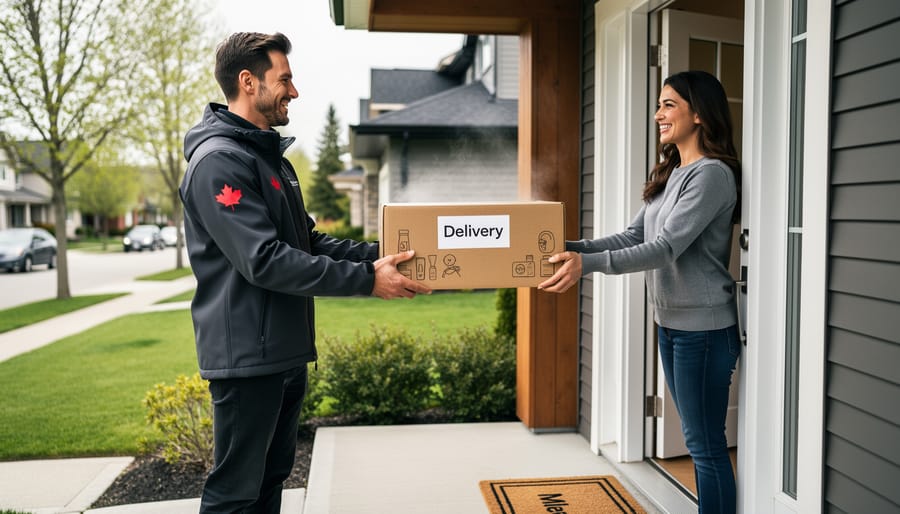 Courier delivering a subscription box package to a person at a home front door