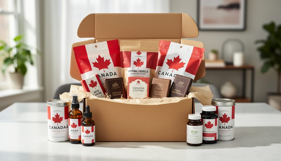 Open Canadian subscription box with curated local products and small treats arranged on a table