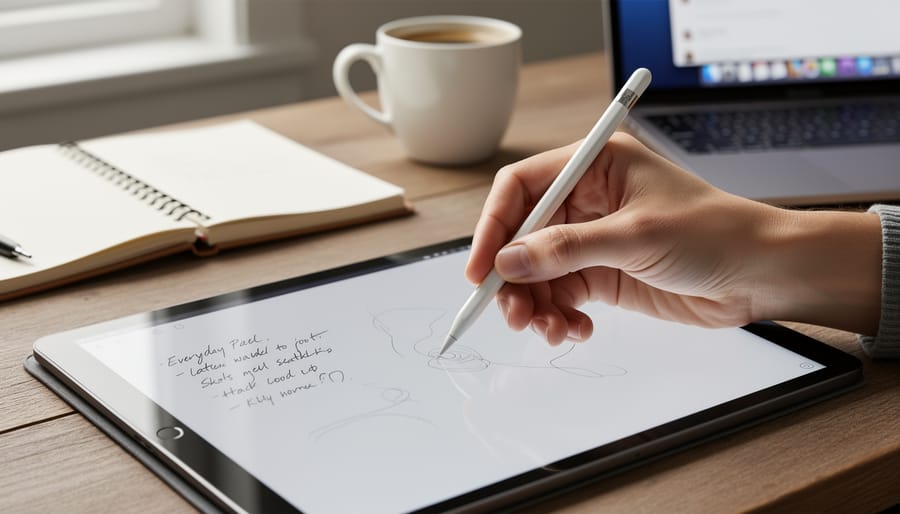 Apple Pencil lying on an iPad screen with a hand-drawn sketch line visible on the display