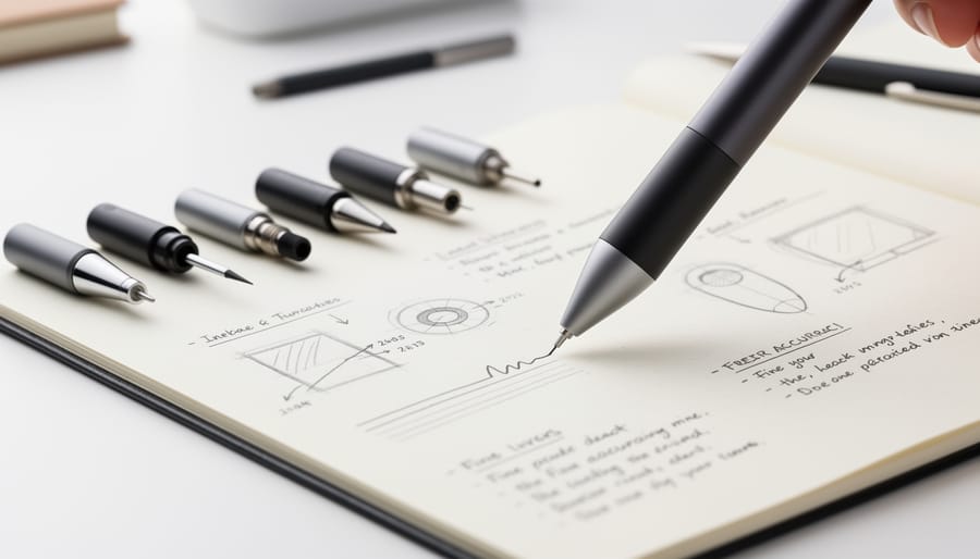 Hand writing with an Apple Pencil on an iPad while multiple pencil tips are laid out nearby