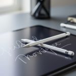“Apple Pencil resting on a dark iPad screen with blurred handwriting strokes, photographed in soft natural light.”