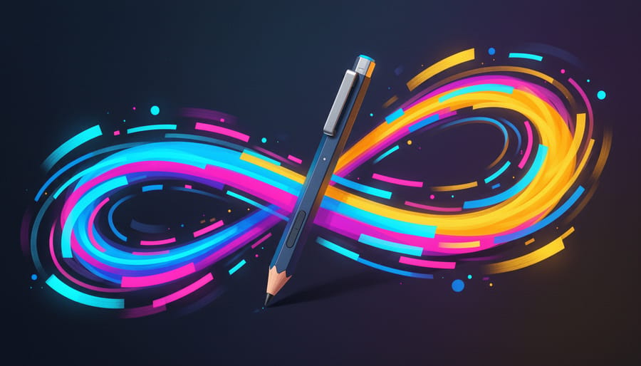 Apple Pencil on a desk with glowing abstract light trails representing smart features