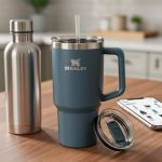 “Stanley insulated tumbler and stainless water bottle arranged on a wooden table with a blurred smartphone in the background.”