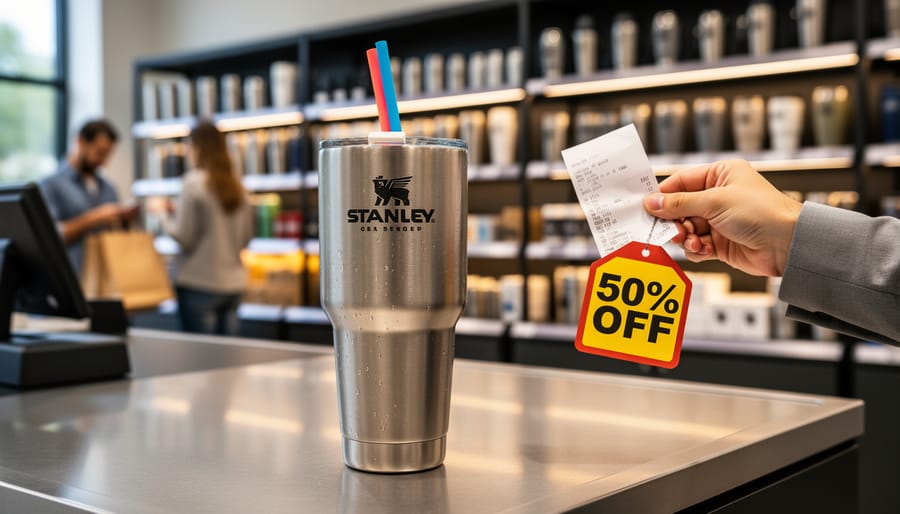 Hands holding a Stanley Quencher tumbler on a kitchen counter next to shopping bags