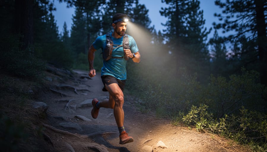 Trail runner wearing a BioLite HeadLamp 425 on a forest path at dusk