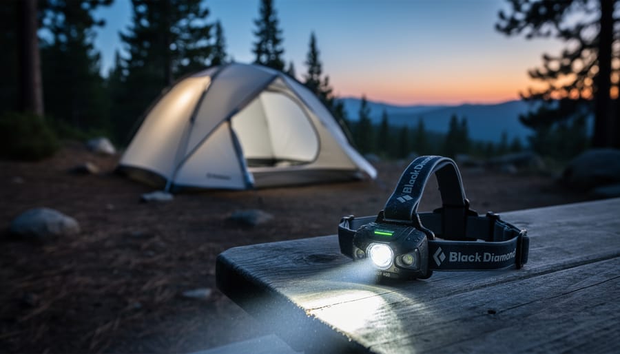 Black Diamond Spot 400 headlamp on a campsite log shining toward a dark forest clearing