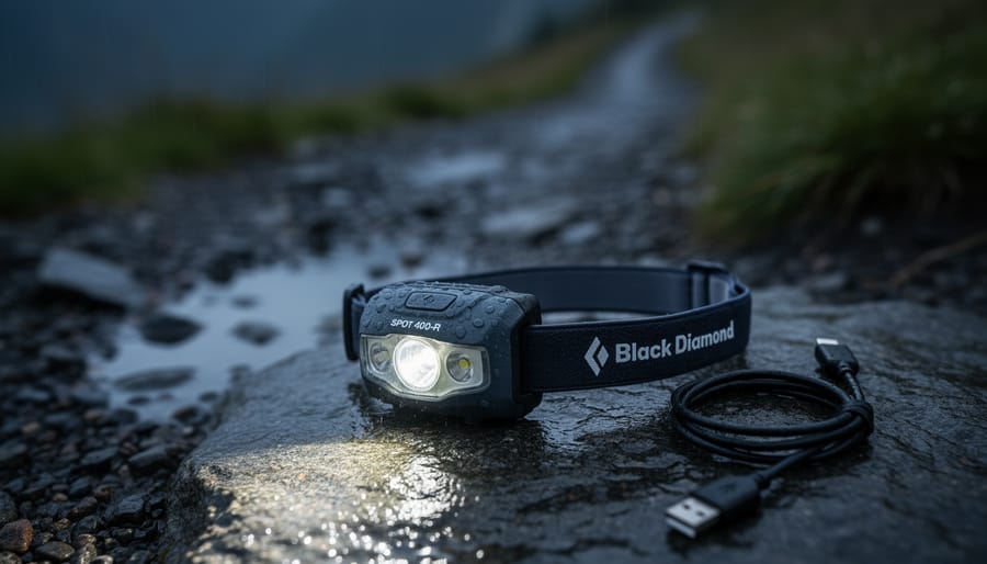 Black Diamond Spot 400-R headlamp on a wet rock with charging cable nearby