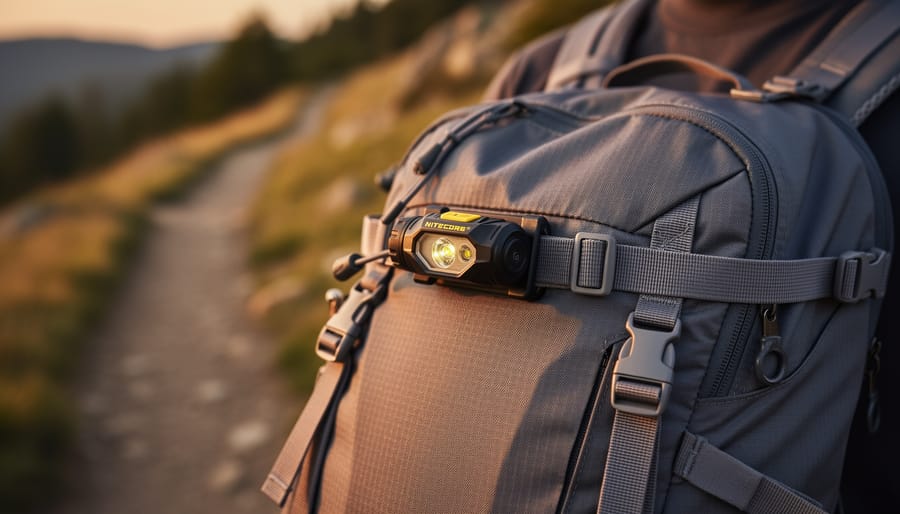 Nitecore NU25 headlamp on an ultralight backpack strap with trekking gear nearby