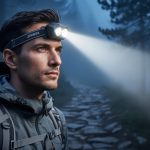 Hiker wearing an outdoor headlamp on a rocky night trail with a bright beam cutting through forest mist.