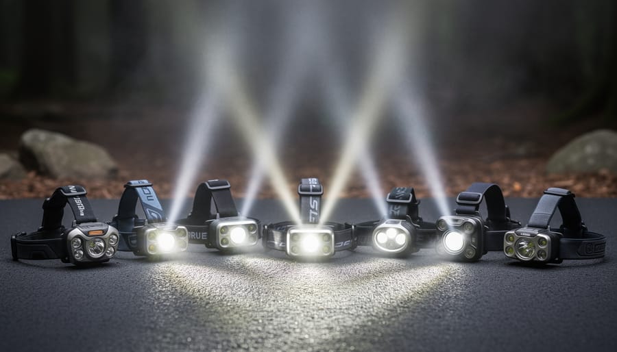 Multiple outdoor headlamps on rocks and wood in a dark forest with warm beams