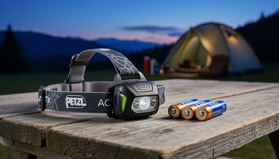 Petzl Actik headlamp with AAA batteries on a campsite table