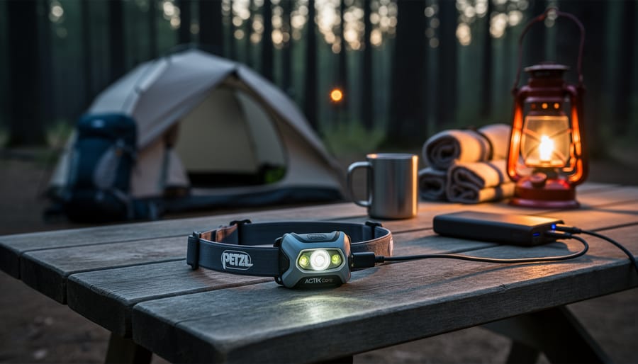 Petzl Actik Core headlamp charging with a USB-C cable on a wooden camping table
